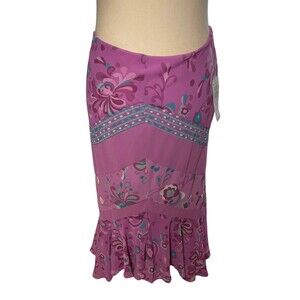 Bandolino Women's Pencil Skirt Ruffle Hem Pink Teal Floral Dot Size 14 New